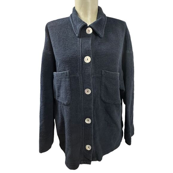Retro Soft Surrounding Navy Fleece MOP Buttons Pocket‎ Shacket Petite (S) ~EUC - Picture 1 of 9